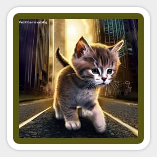 Pet Kitten is walking in a road under the skyscrapers urban environments Sticker